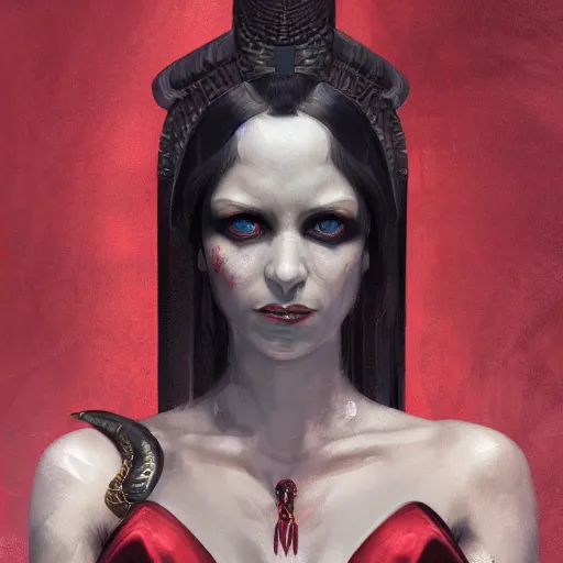 Prompt: portrait of cleopatra upper body in bloody business suit, blood red eyes, vampire fangs, fantasy, intricate, elegant, highly detailed, digital painting, artstation, concept art, matte, sharp focus, illustration, art by aenaluck and roberto ferri and greg rutkowski, epic fantasy, digital painting