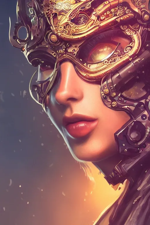 Image similar to stunningly beautiful, clockwork ninja in jungle, symmetrical face, golden hour, smooth, focus, highly detailed, hyper realistic, dramatic lighting, elegant, intricate, concept art, low angle, art by wlop, mars ravelo, greg rutowski, artstation