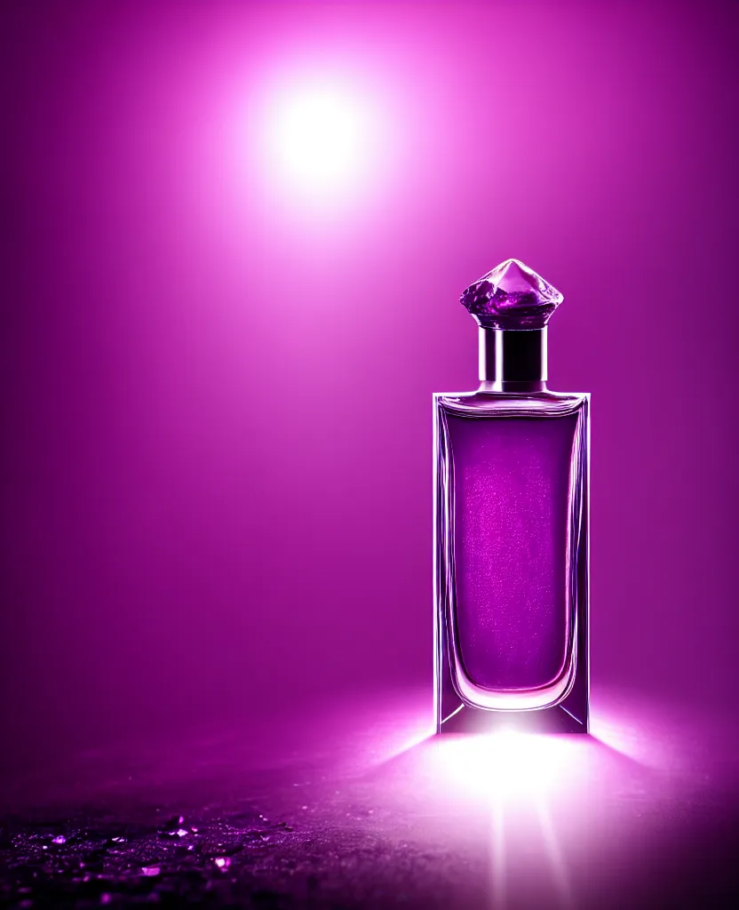 Image similar to close up shot of one premium perfume bottle containing purple liquid, the bottle is placed on a table, the bottle is in the middle of the scene, dust in the background, cinematic lighting!, spotlight, ultra detail, commercial, designer product, cinematic lighting, hd artstation, symmetrical, rendered, 4k