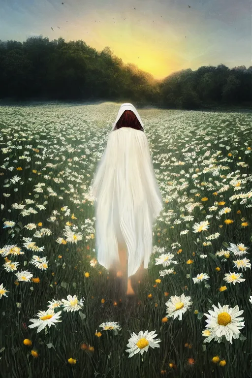 Prompt: giant white daisy flower crown head, veil girl walking in a flower field, surreal photography, sunrise, dramatic light, impressionist painting, colorful clouds, digital painting, artstation, simon stalenhag