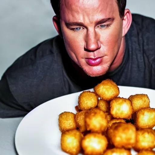 Image similar to food photo of channing tatum's face on top of giant tater tot on a plate with ketchup