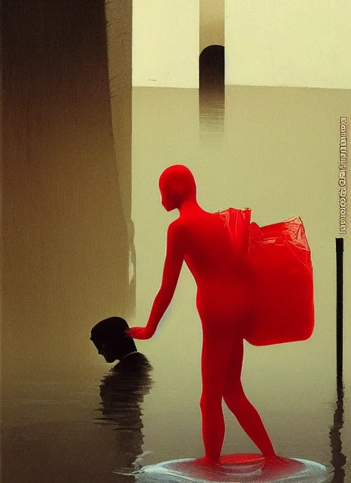 Image similar to futuristic woman dressed in transparent red plastic bags, on flooded street Edward Hopper and James Gilleard, Zdzislaw Beksinski, highly detailed
