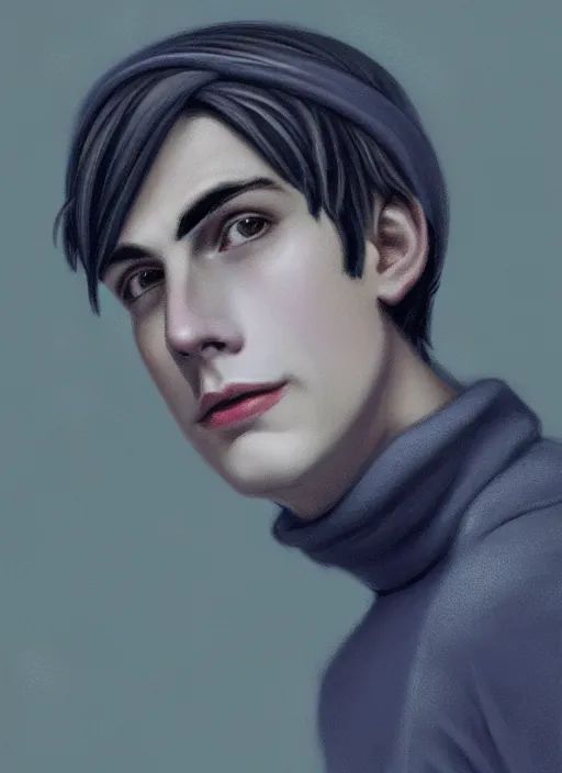 Image similar to portrait of teenage jughead jones wearing a light grey crown, crown, blue turtleneck, 1 9 5 0 s, closed eyes, photorealistic, black hair, glowing lighting, intricate, elegant, glowing lights, highly detailed, digital painting, artstation, concept art, smooth, sharp focus, illustration, art by wlop, mars ravelo and greg rutkowski