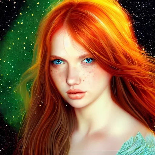 Image similar to photorealistic portrait of a red haired girl among fireflies, with a round beautiful face, amazed soft smile, long hair, green eyes, hint of freckles, golden ratio, intricate details, colorful digital art by artgerm