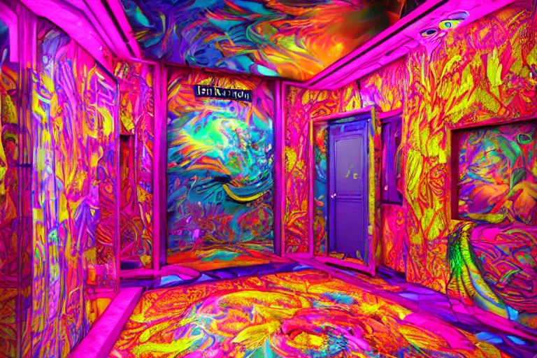 Image similar to lisa frank elevator in hell, hyperdetailed octane render scene from a tv show 55mm