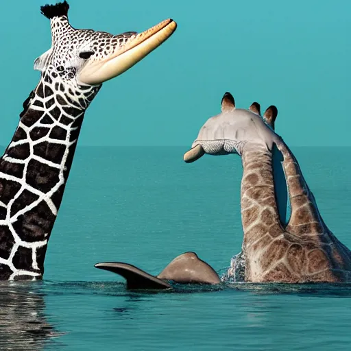 Image similar to a dolphin with crocodile legs and the head of a giraffe