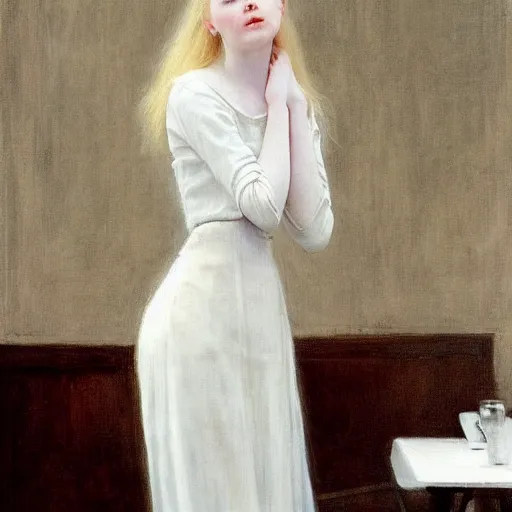 Prompt: Painting of Elle Fanning at a cafe, long blonde hair, delicate, pale milky white porcelain skin, by Ramon Casas. 8K. Extremely detailed.