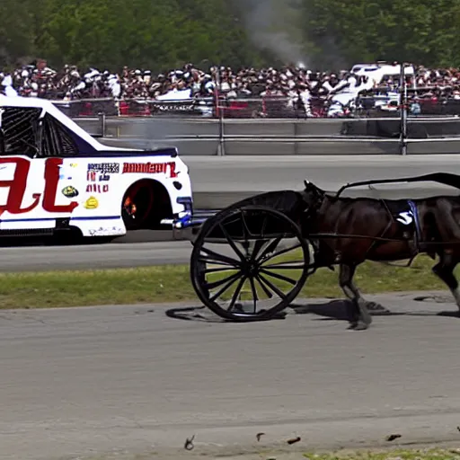 Prompt: amish buggy in a nascar race