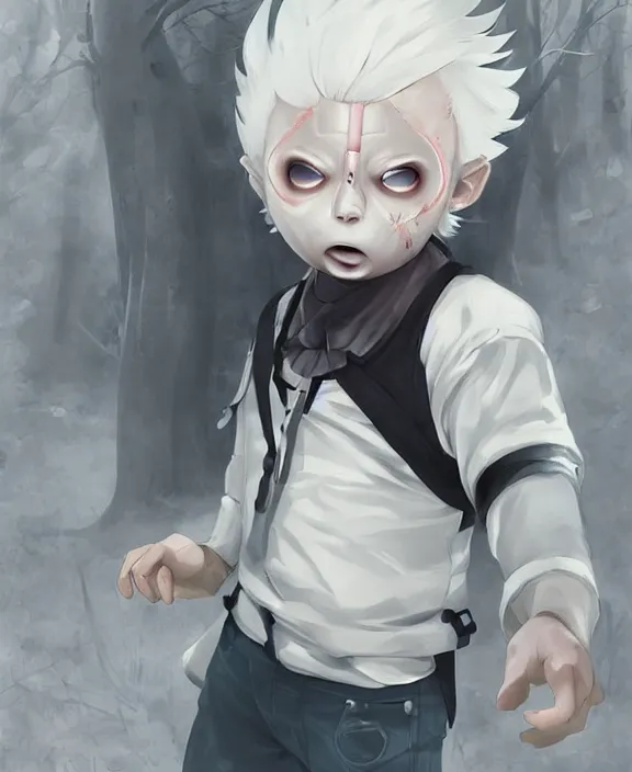 Image similar to cute little boy with white hair anime character inspired by jason voorhees, art by rossdraws, wlop, ilya kuvshinov, artgem lau, sakimichan, jakub rebelka and makoto shinkai, anatomically correct, extremely coherent, highly detailed, sharp focus, slasher movies, smooth, very realistic, symmetrical