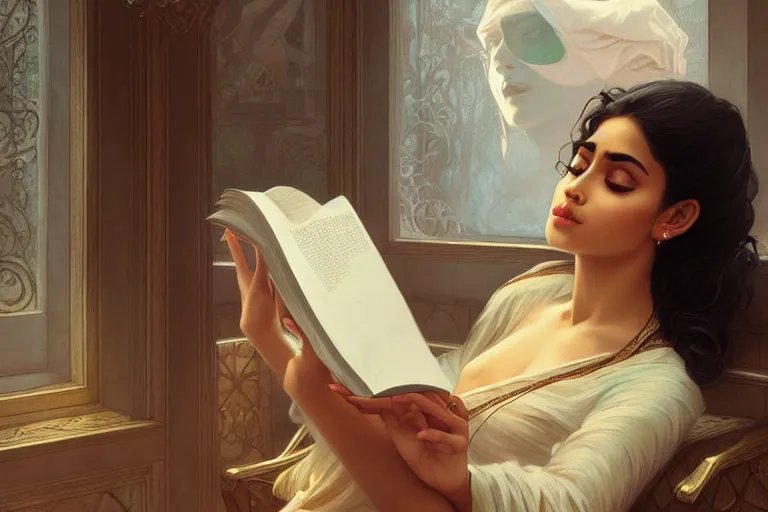 Image similar to sensual good looking pale young bengali girl with soulful eyes reading a novel, portrait, elegant, intricate, digital painting, artstation, concept art, smooth, sharp focus, illustration, art by artgerm and greg rutkowski and alphonse mucha