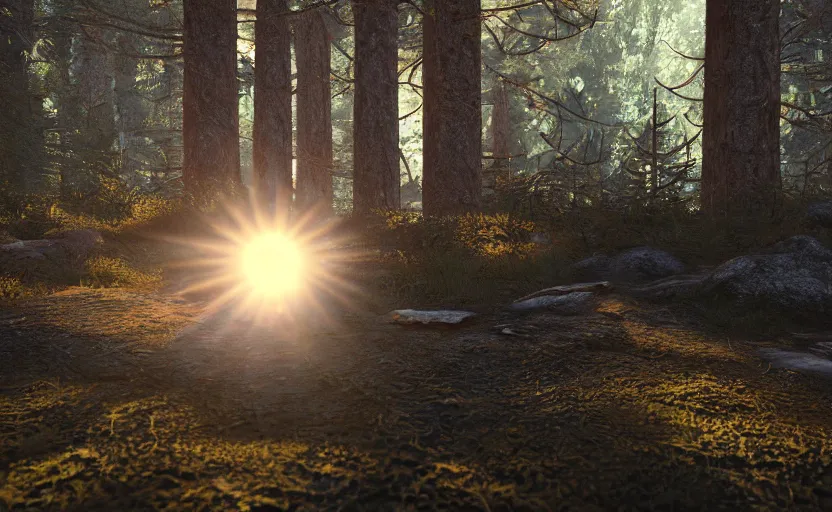 Prompt: photorealistic rust base in a forest. daylight. sunlight. lens flare. light fixtures. 8K. detailed. photorealism. artstation. 25mm f/1.7 ASPH Lens. ultra realistic