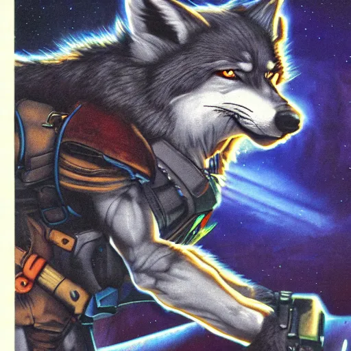 Prompt: 1 9 8 0 s video game art portrait of anthropomorphic wolf o'donnell from starfox fursona furry wolf in a dark space mercenary uniform, looking heroic, magazine scan, 8 0 s game box art, dark grey wolf o'donnell