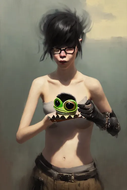 Image similar to portrait of a punk girl on a date with pepe! the frog! drinking coffee in the style of fenghua zhong and ruan jia and jeremy lipking and peter mohrbacher, extremely detailed digital painting, 8 k