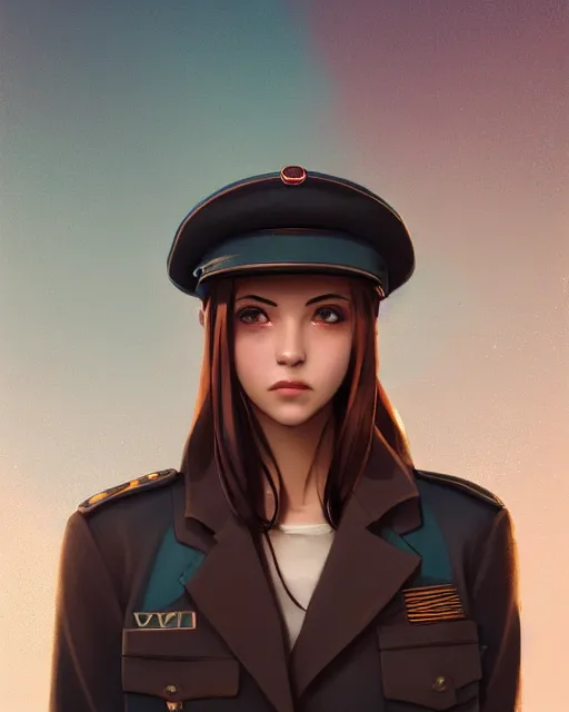 Image similar to symmetrical portrait bust of young woman with shoulder length light brown hair and hazel eyes dressed in a sharp dark teal military uniform and beret, blurred city background in twilight lighting, ilya kuvshinov, anime, greg rutkowski, guweiz, ross tran, artstation trending, artgerm, concept art, digital painting, painterly