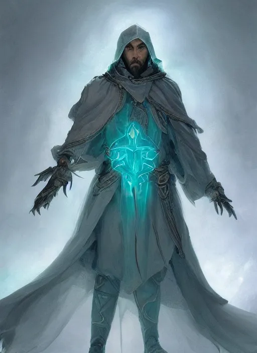 Prompt: hexblade warlock aasimar, teal electricity, male, silver shaggy hair, short scruffy beard, cloak, white eyes, fantasy, extremely detailed, digital painting, artstation, concept art, smooth, sharp focus, illustration, stunning lighting, art by artgerm and greg rutkowski and alphonse mucha and simon stalenhag, realistic character concept, high fantasy, light atmosphere, golden ratio, cinematic lighting, hyperdetailed, high resolution, insanely detailed and intricate, artstation, Marc Simonetti, Greg Rutkowski, 8k, HD, unreal engine