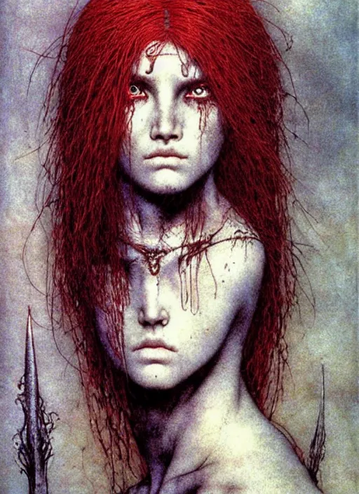 Image similar to redhead barbarian girl by Beksinski and Arthur Rackham