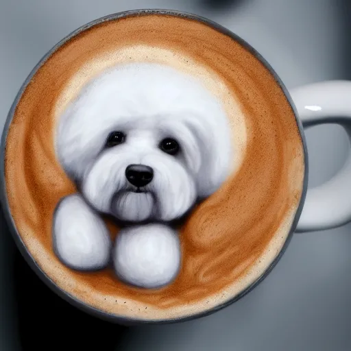 Image similar to a closeup photorealistic photograph of barista drawing bichon frise shaped latte art in a cup. professional capture, well lit shot. this 4 k hd image is trending on artstation, featured on behance, well - rendered, extra crisp, features intricate detail, epic composition and the style of unreal engine.