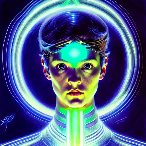 Image similar to tron angel, innocent illuminated face, psychedelic lsd, diffuse lighting, hyper realistic, elegant, intricate, hyper detailed, smooth, sharp focus, concept art, illustration, trending on artstation, art by john collier, artem demura, greg rutkowski, james gurney, and alphonse mucha