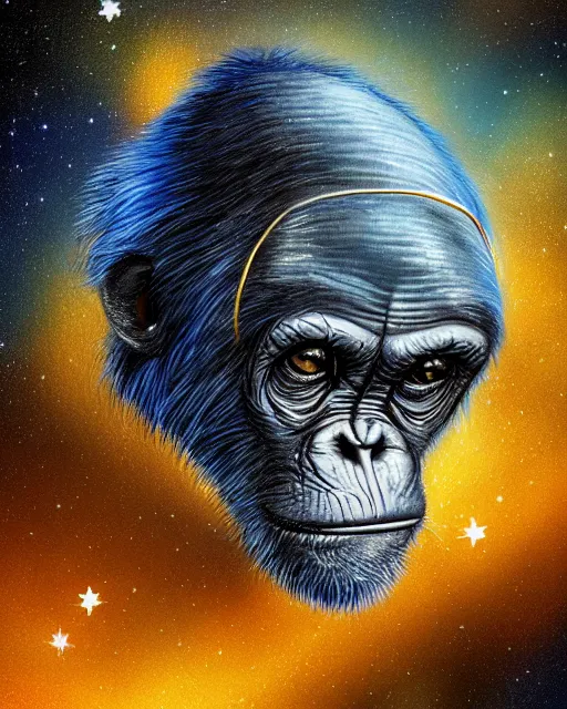 Prompt: blue, gold, very detailed high resolution illustration portrait of a chimpanzee head floating in space, backlit, night covered in stars, 3 d, 8 k, extremely detailed, artstation, award winning, sharp focus, illustration