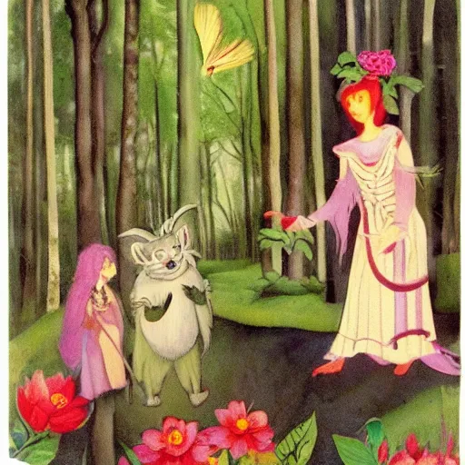 Image similar to In the print Vasilisa can be seen standing in the forest, surrounded by animals. She is holding a basket of flowers in one hand and a spindle in the other. Her face is turned towards the viewer, with a gentle expression. In the background, the forest is depicted as a dark and mysterious place. hollywood cerise, Monster Rancher by Hannah Hoch