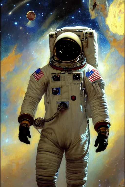 Image similar to attractive astronaut, male, painting by gaston bussiere, craig mullins, j. c. leyendecker, yoji shinkawa, tom of finland