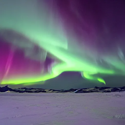 Image similar to evil rising in antarctica, heavy snow storm, northern lights