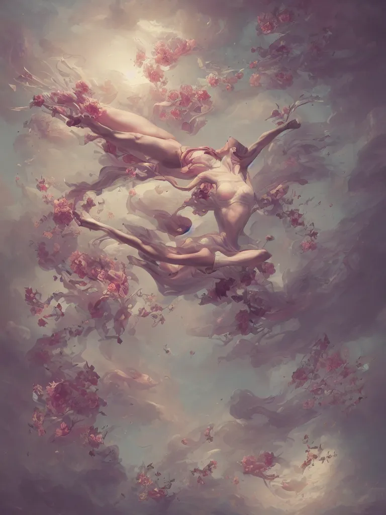 Prompt: a portrait of a body flying through the sky covered in flowers in a dynamic pose, in the style of peter mohrbacher, highly detailed, soft lighting, art nouveau patterns, trending on artstation