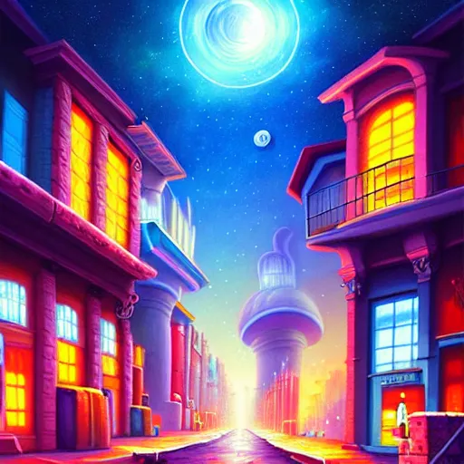 Image similar to celestial city street painting, fantasy, surreal, artstation