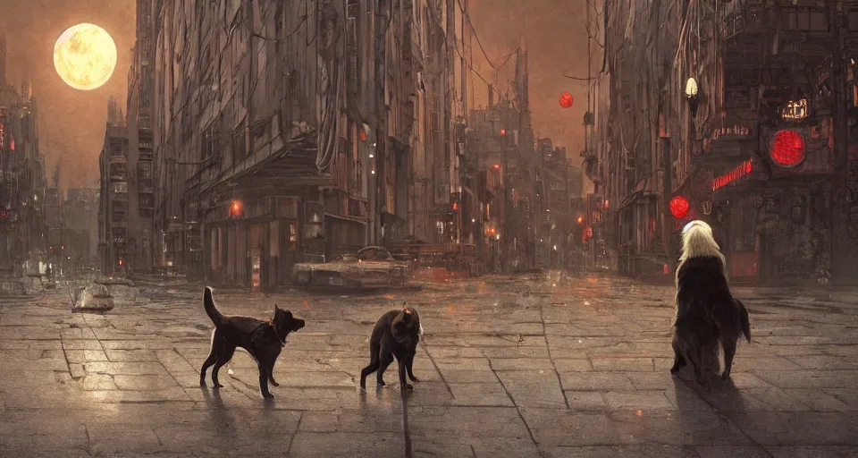 Prompt: a detailed illustration of a lonely sad dog against the background of a ravaged city and a red moon, artstation, by Norman Rockwell, Art Nouveau, sophisticated, Unreal engine, dystopia, anti-utopia, post processing, nostalgic melancholic artwork, intricate