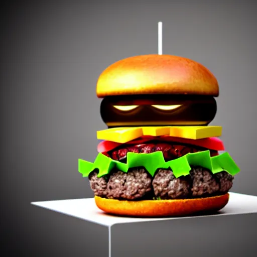 Image similar to a burger in the shape of a cat, with fries, volumetric lighting, 4 k