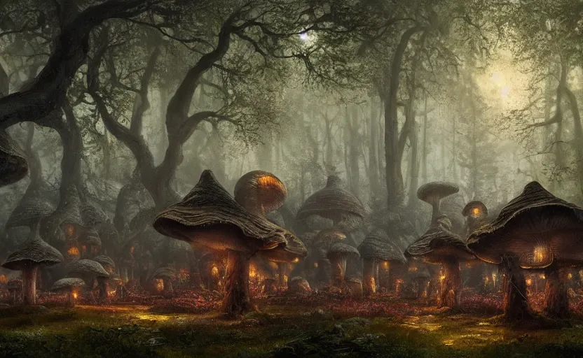 Prompt: A mushroom house in the foreground, other mushroom houses in the background, in a dark forest, macro, mysterious matte painting by greg rutkowski and marc simonetti and Ivan Shishkin