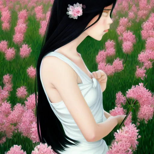 Image similar to little girl with her long black hair dressed in a simple white dress putting flowers on hair, anime art style, digital artwork made by ilya kuvshinov, inspired in balthus, hd, 4 k, hyper detailed