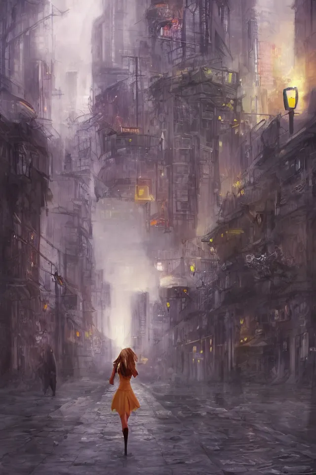 Prompt: concept art, a pretty duck girl, cities, godrays, wide views, on the street