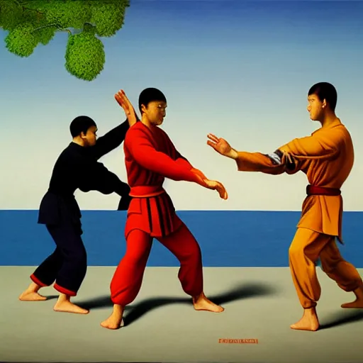 Prompt: a Kung-Fu fight by Raphael, Hopper, and Rene Magritte. detailed, romantic, enchanting, trending on artstation.