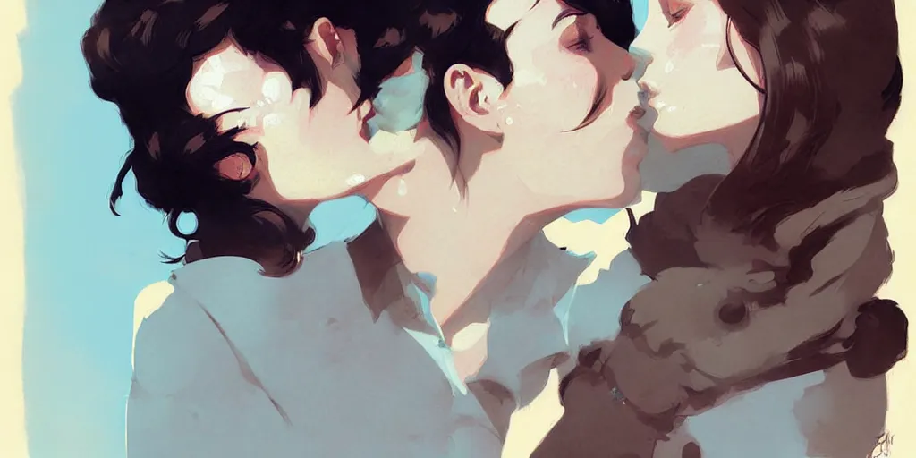 Image similar to portrait of dorian kissing elena by atey ghailan, by greg rutkowski, by greg tocchini, by james gilleard, by joe fenton, by kaethe butcher, dynamic lighting, gradient light blue, brown, blonde cream and white color scheme, grunge aesthetic