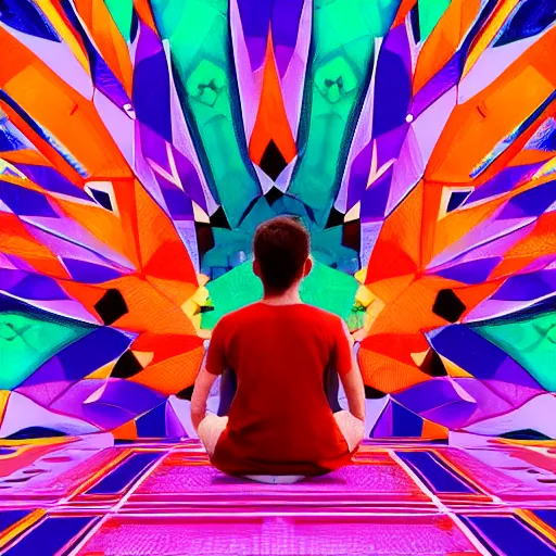 Image similar to A beautiful photograph of a man with a large head, sitting in what appears to be a meditative pose. His eyes are closed and he has a serene look on his face. His body is made up of colorful geometric shapes and patterns that twist and turn in different directions. It's almost as if he's sitting in the middle of a kaleidoscope! Sonic the Hedgehog by Charles Blackman lines, distorted