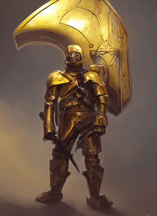 Image similar to dynamic portrait of a cyclopean warforged character in yellow armor holding a paladin engraved longsword and carrying a big shield, epic , trending on ArtStation, cinematic lighting, by Greg Rutkowski and Jesper Ejsing