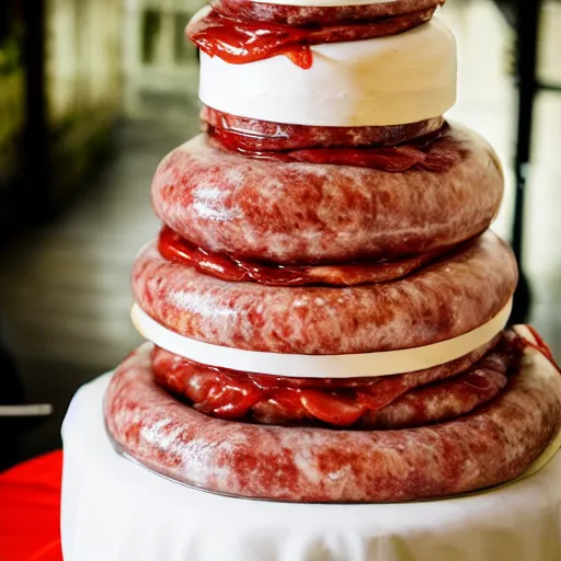 Image similar to a wedding cake made entirely out of meat and sausages with ketchup sauce. During wedding. Highly detailed 8k