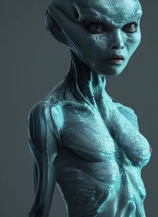 Image similar to alien woman, lake, clothes made out of veins, rgb, cables everywhere, bedroom, ultra realistic, concept art, intricate details, highly detailed, photorealistic, octane render, 8 k