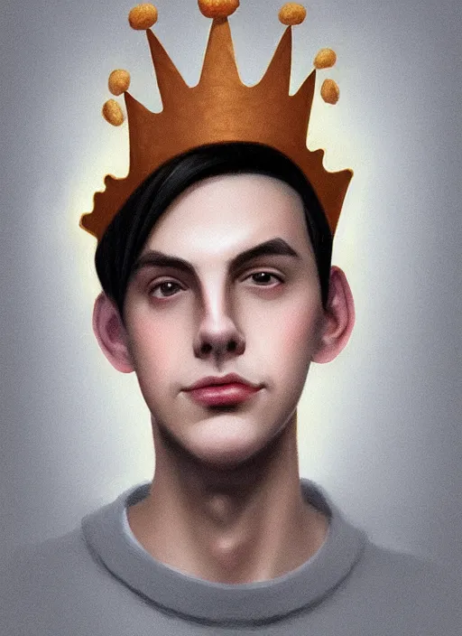 Image similar to portrait of teenage jughead jones wearing a light grey crown, photorealistic, crown, sweater with letter s on it, hamburger, eyes closed, crown, black hair, intricate, elegant, glowing lights, highly detailed, digital painting, artstation, concept art, smooth, sharp focus, illustration, art by wlop, mars ravelo and greg rutkowski