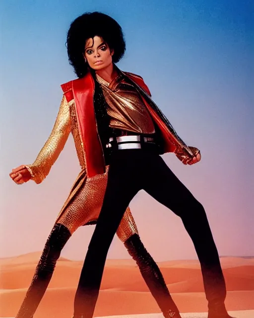 Prompt: 1 8 year old michael jackson as luke skywalker, with janet jackson as princess leia, studio lighting, star wars themed, beautiful tunisia desert at sunset, photoshoot in the styled of annie leibovitz