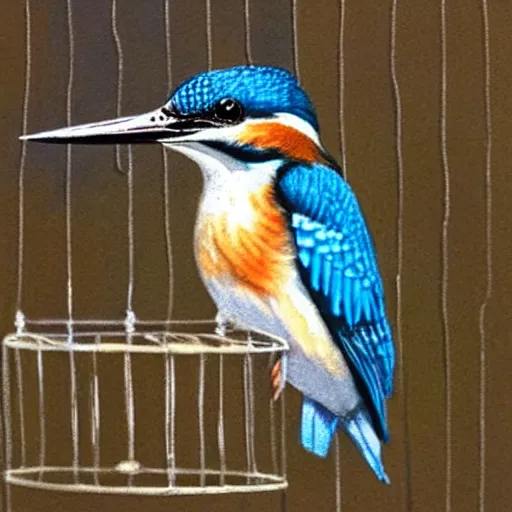 Image similar to kingfisher in a bird cage, realistic, high detail