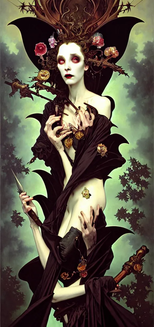 Prompt: baroque oil painting portrait of vampire queen in gothic robes with bat wings, by peter mohrbacher, alphonse mucha, brian froud, yoshitaka amano, kim keever, victo ngai, james jean