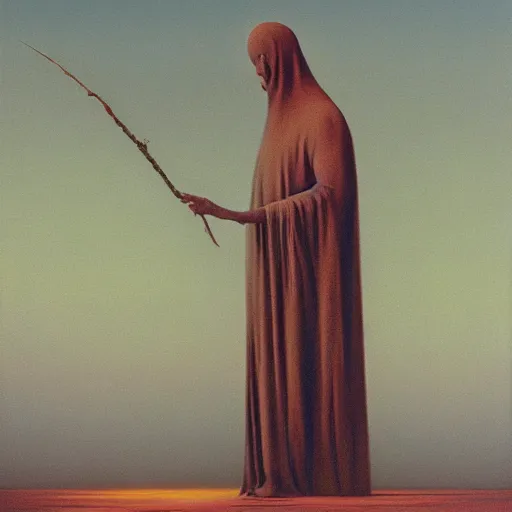 Prompt: Zdzisław Beksiński painting of a wizard