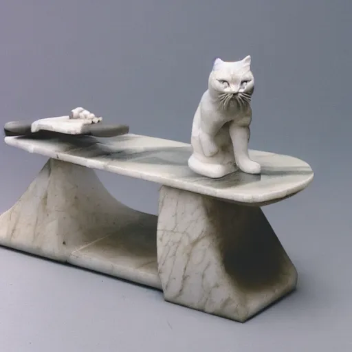 Prompt: photo of greek marble statue of cat on a skateboard