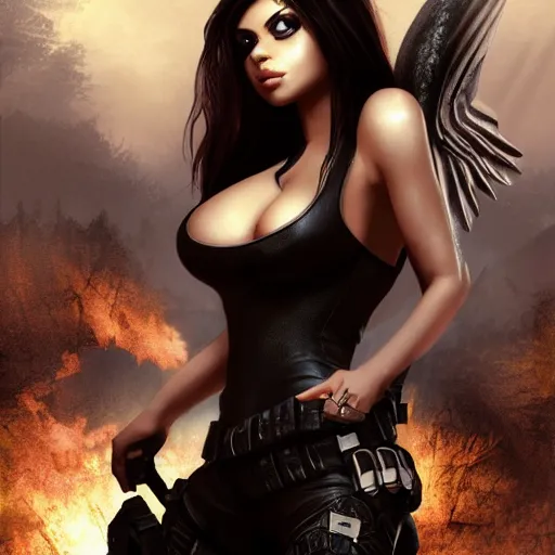 Image similar to portait princess haifa wehbe as lara croft angel of darkness cover, centred, very long hair, hd, unreal engine, art digital painting, amazing background theme