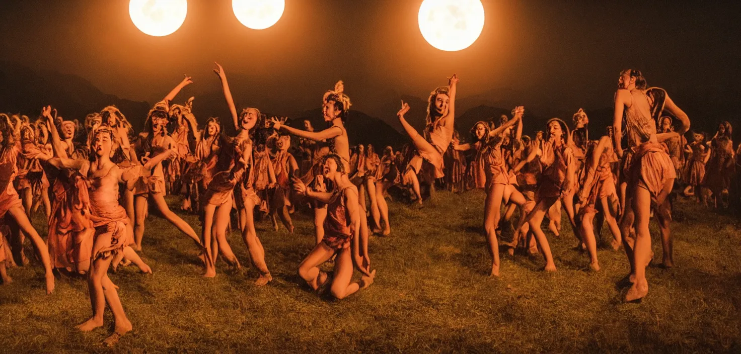 Image similar to a very high resolution historical image. a giant full moon in the mountains while young women dance in ecstasy in the firelight as the satanic ritual begins, 2 4 mm, photorealistic, photography, night directed by wes anderson