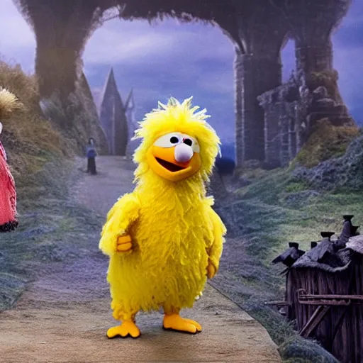 Image similar to big bird from sesame street is tiny and on the back of frodo the hobbit from lord of the rings, hyperrealistic, clean and pristine design, cinematic composition, dramatic lighting, 8 k,