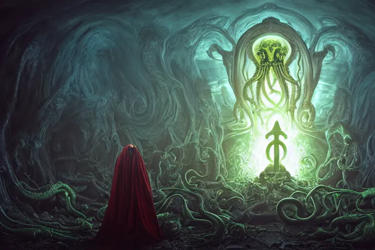 Image similar to hype realistic photorealistic hyperdetailed detailed group circle of pope priest necromancer invoking a in front of a cthulhu within a viscosity fluid lovecraft portal, wide - angle portrait, atmospheric lighting, intricate, volumetric lighting, rich deep colors masterpiece, ultra detailed, leesha hannigan, ross tran, thierry doizon, kai carpenter, ignacio fernandez rios