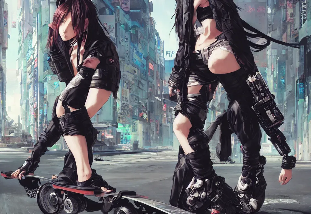 Image similar to hyper - realistic cyberpunk anime woman flip skateboard, sport, action tokyo street, extreme detail, good face, model, concept art, in style of yoji shinkawa, pan ren wei, col price, atey ghailan, by greg rutkowski, aesthetic